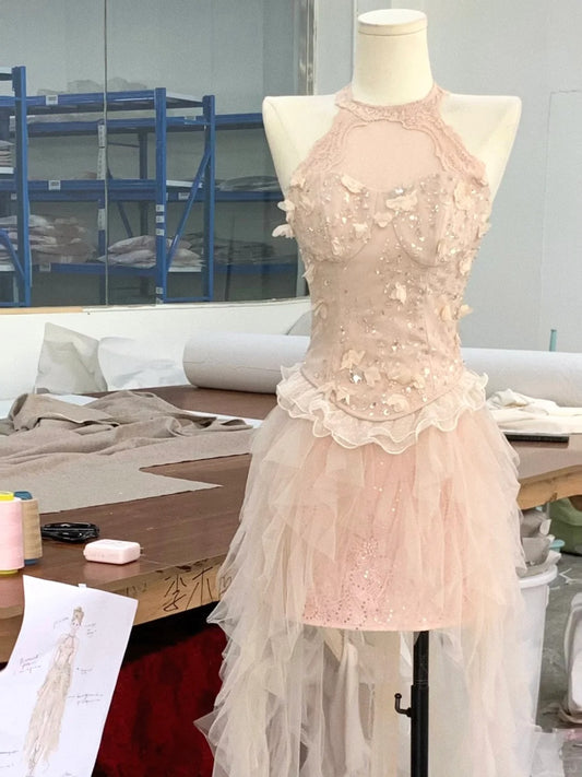 Pink Halter Short Party Dress Cocktail Dresses Homecoming Dress     cg25700