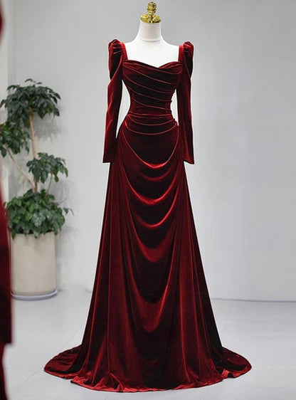 Elegantes weinrotes Samtkleid mit langen Ärmeln, formelles Hochzeitspartykleid cg25023