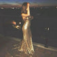 Gold Sequins Mermaid Prom Dresses Sexy Open Back Evening Dress with Sweep Train   cg17766