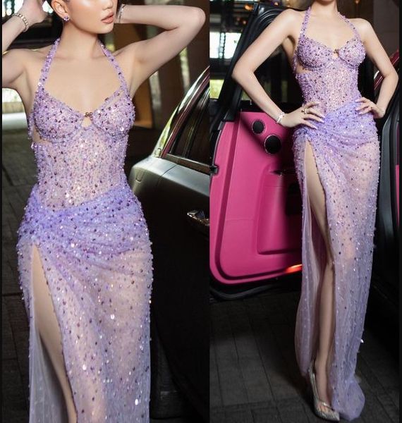 Lilac Sequin Formal Dress Evening Dress With Slit     cg25435