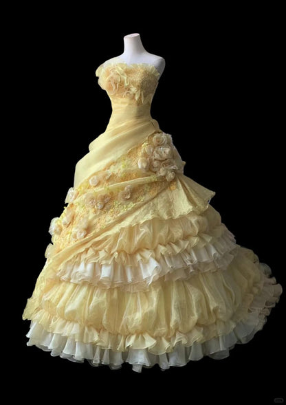 A Line Yellow 3D Flowers Wedding Dress Sleeveless Long Princess Evening Dress   cg25936