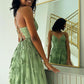 Sage Green V Neck Tulle A-Line Long Prom Dresses with Appliques     cg25713