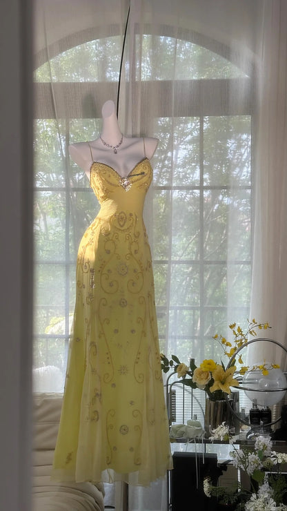 Yellow Beaded Evening Dress Unique Long Prom Dress    cg25572