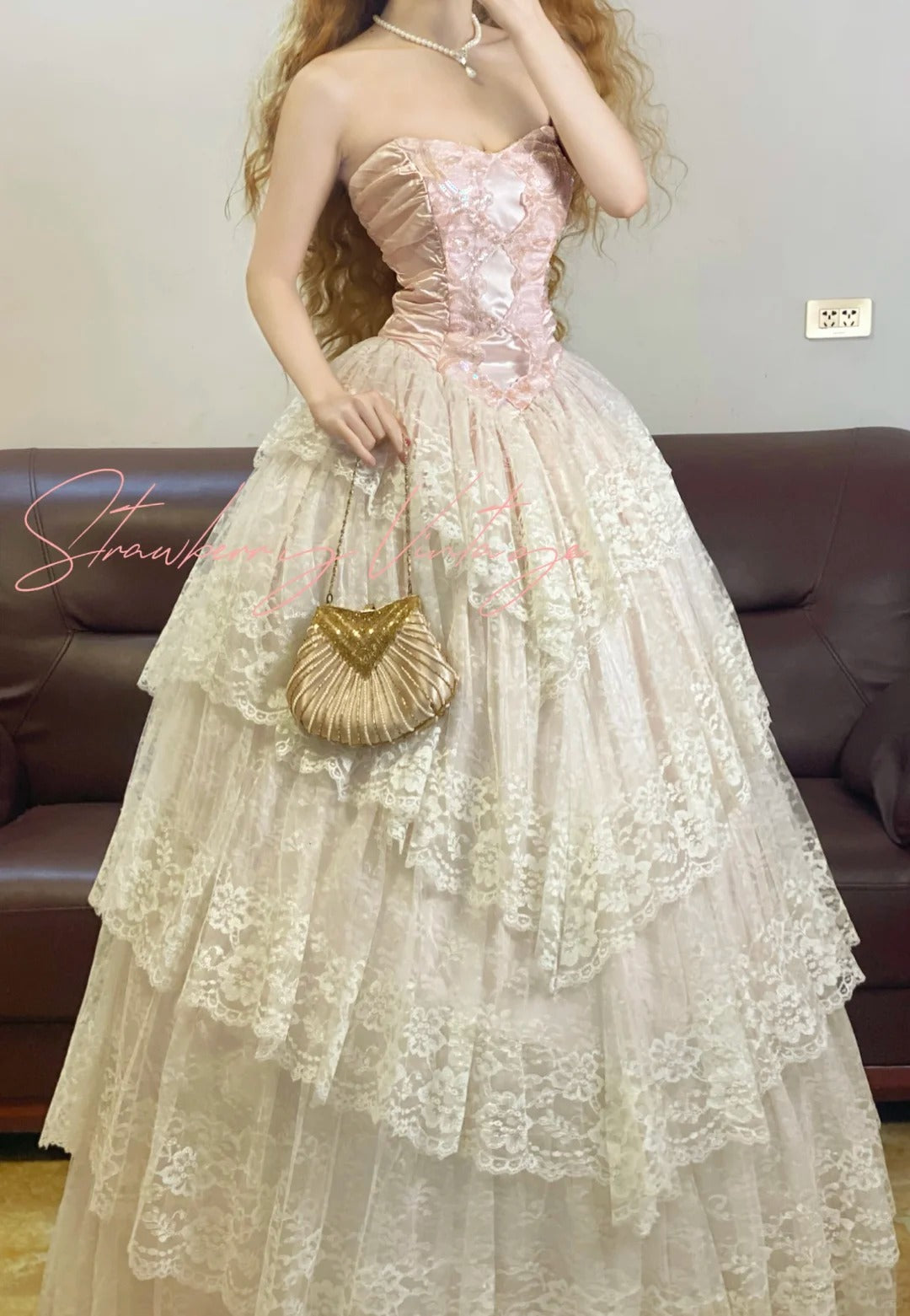 A Line Ball Gown Lace Strapless Evening Dresses,Sleeveless Party Prom Dress  cg25482