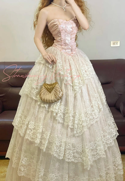 A Line Ball Gown Lace Strapless Evening Dresses,Sleeveless Party Prom Dress  cg25482