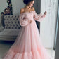 yellow tulle prom dresses long sleeves off shoulder   cg10899