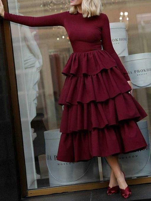 Burgundy Long Sleeves Prom Dress with Layered Skirt   cg7058