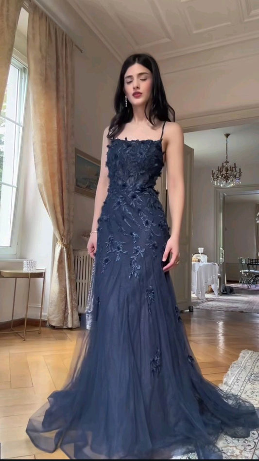 Navy Blue Tulle Evening Dresses, Sleeveless Mermaid Long Prom Party Gowns  cg25580