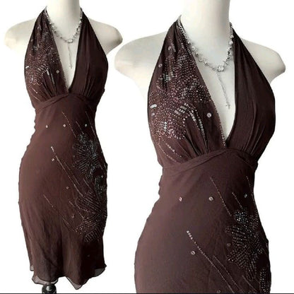 Halter V Neck Brown Vintage Short Party Dress Cocktail Dresses Homecoming Dress     cg25764