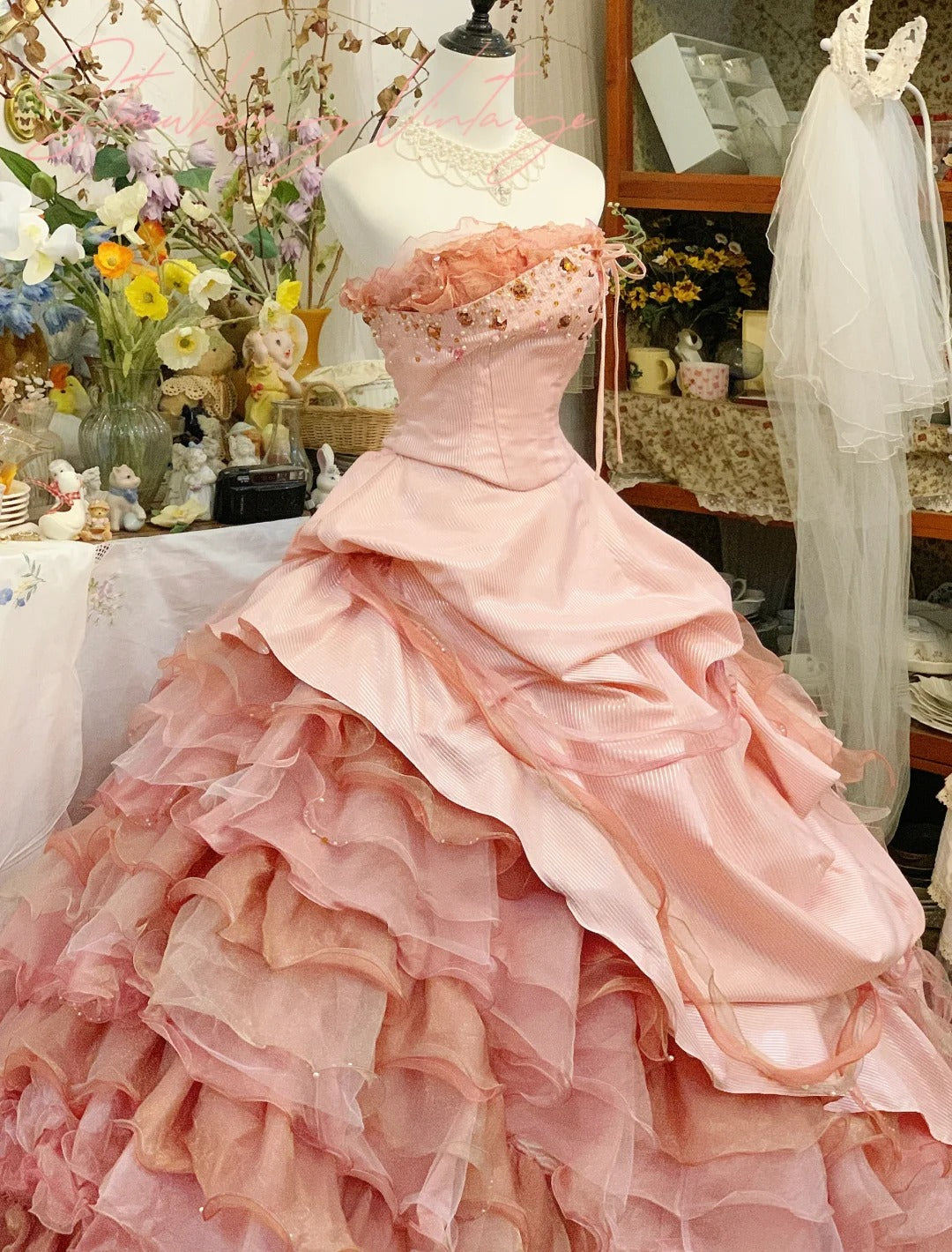 A Line Pink Tulle Ball Gown Quinceanera Dress Unique Long Evening Dress    cg25486
