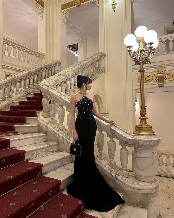 Black Mermaid Halter Long Prom Party Dresses Formal Evening Dress    cg25877