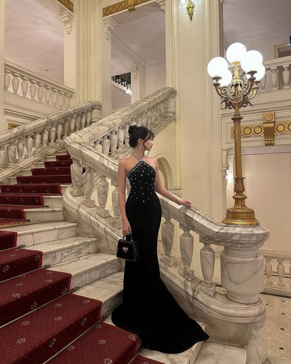 Black Mermaid Halter Long Prom Party Dresses Formal Evening Dress    cg25877