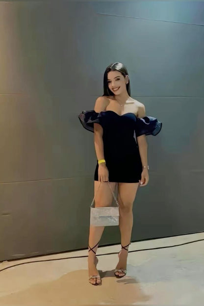 Off Shoulder Black Cocktail Dresses Homecoming Dress Short Prom Dress Party Dress    cg26015