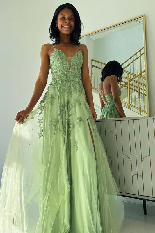 Sage Green V Neck Tulle A-Line Long Prom Dresses with Appliques     cg25713