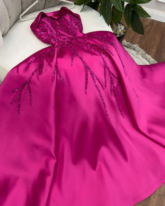 A Line Hot Pink Satin Sequin Long Party Dress Evening Dress Prom Dresses     cg25679