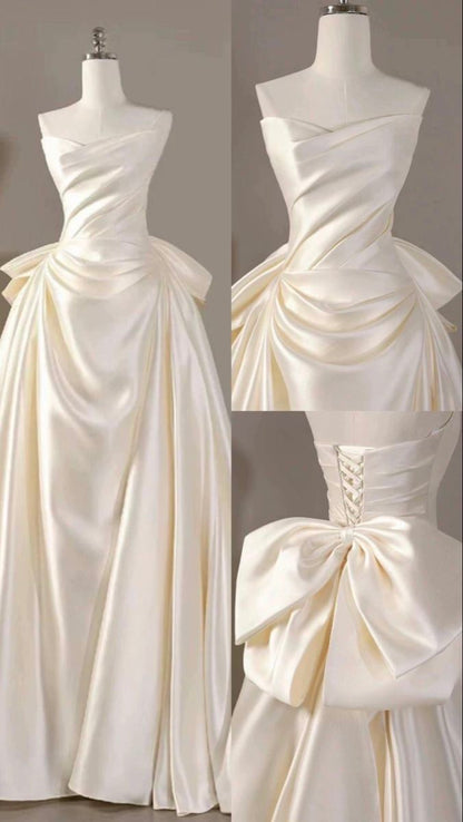 Ivory Satin Strapless Pleats Bow Wedding Dress Long Bridal Gowns  cg25692
