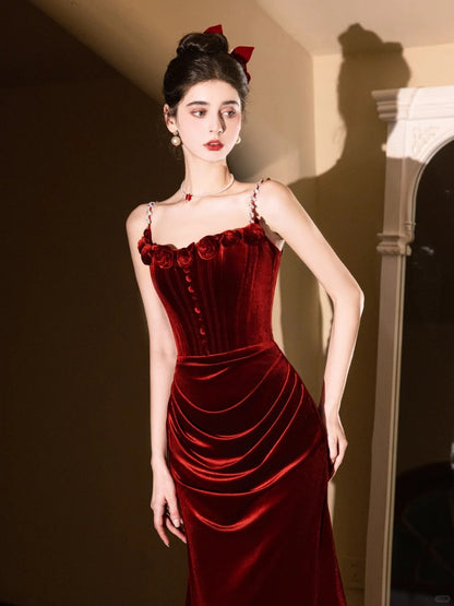 Burgundy Mermaid Velvet Vintage Evening Dresses,Sleeveless Party Gowns  cg25489