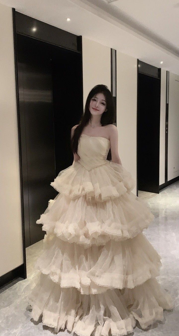 A Line Strapless Light Champagne Tulle Long Evening Dress Prom Dresses     cg25649