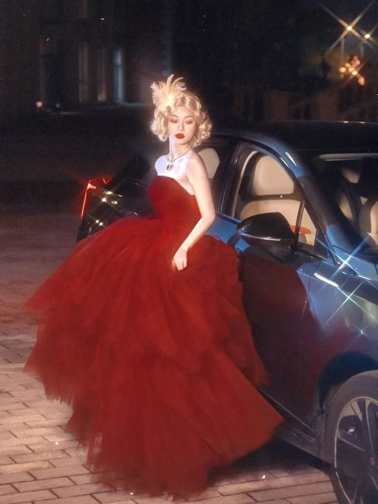 Red A Line Tulle Strapless Prom Dresses Party Evening Dress   cg25459