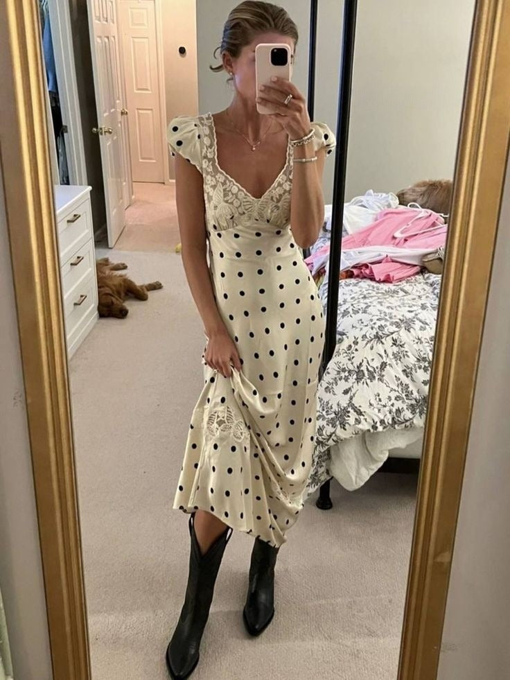 Lace Patchwork Satin Polka Dot A-Line Maxi Dress for Women Elegant Chic Birthday Party Outfit Evening Dress    cg25820