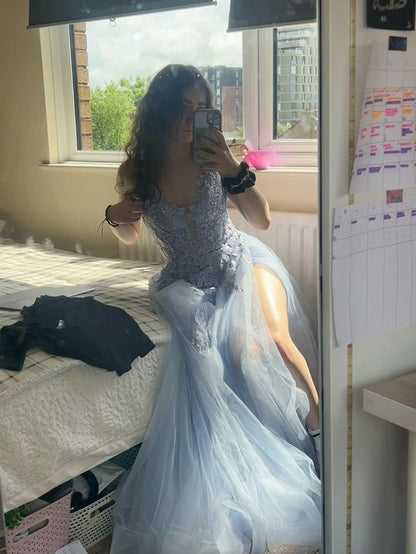 A Line Tulle Long Light Sky Blue Prom Party Dresses Unique Evening Dress   cg26057