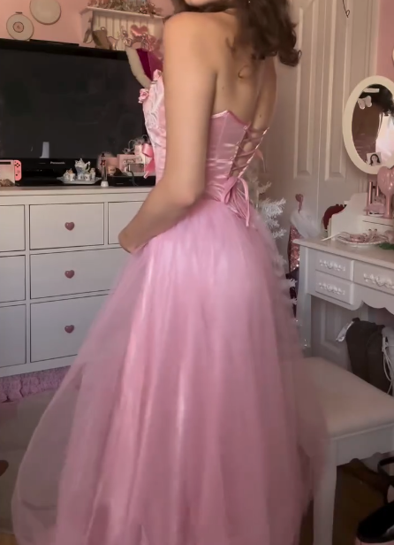 A-Line Tulle Midi Prom Dress, Pink Formal Dress Evening Dress    cg25431