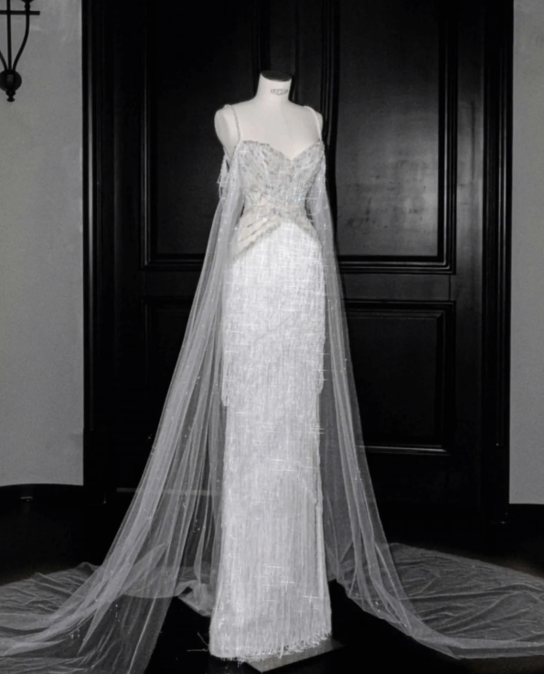 Tassel Mermaid White Wedding Dress Evening Dress 22nd Birthday Outfit cg26347