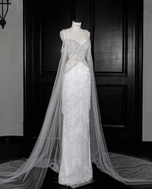 Tassel Mermaid White Wedding Dress Evening Dress 22nd Birthday Outfit cg26347