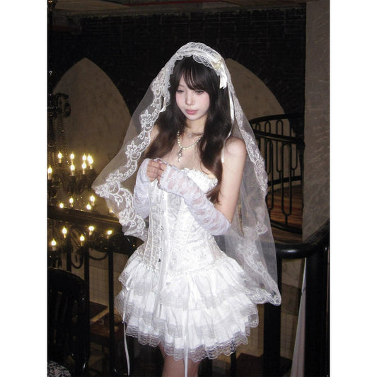 Romantic ribbon-tied bob top, white lace tulle cake skirt, and veil set for women. G003