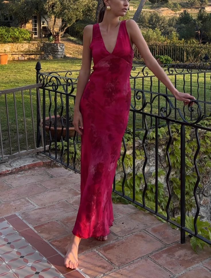 Elegant V-Neck Rose Print Dress Women Sleeveless Evening Party Vintage Evening Dress  cg25380