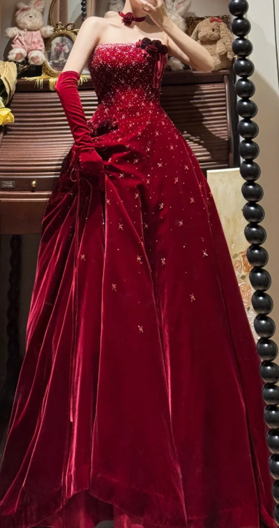 Burgundy Velvet Prom Party Dress With Gloves Birthday Party Dress With Beads    cg26312