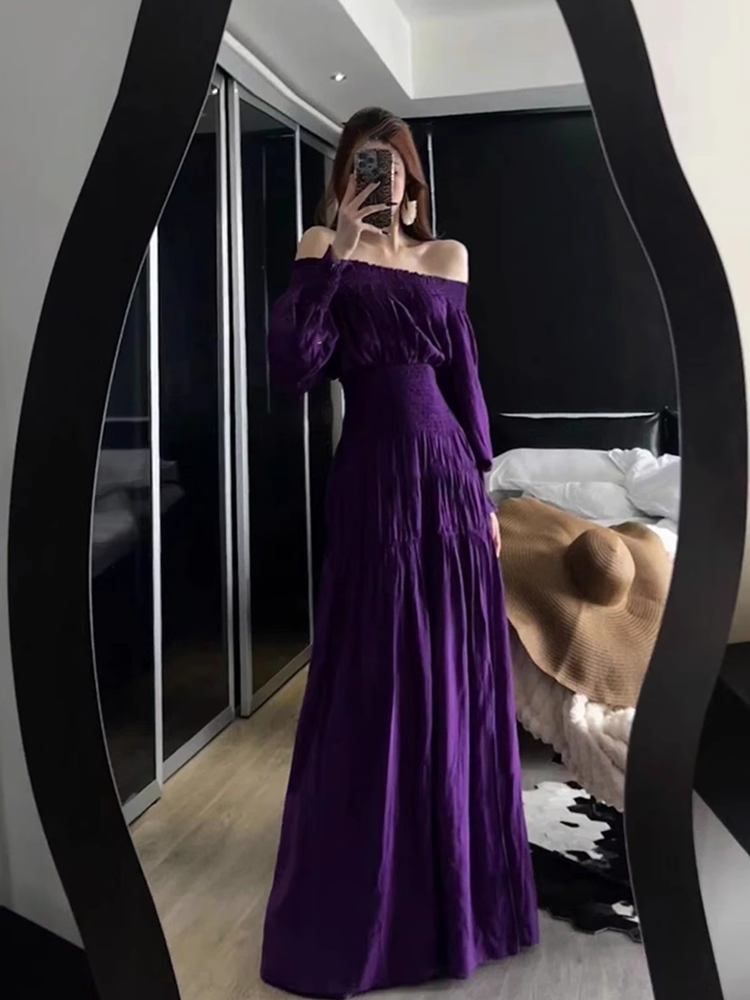 Women's off-shoulder long-sleeved dress, summer slimming A-line long skirt G080