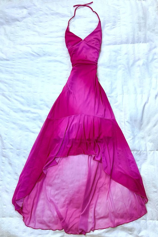 Stunning Hot Pink Halter Dress Vintage Formal Party Dress Graduation Dress cg26169