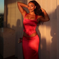Two Piece Sheath Spaghetti Strap Burgundy Satin Party Dress Evening Dress cg26147