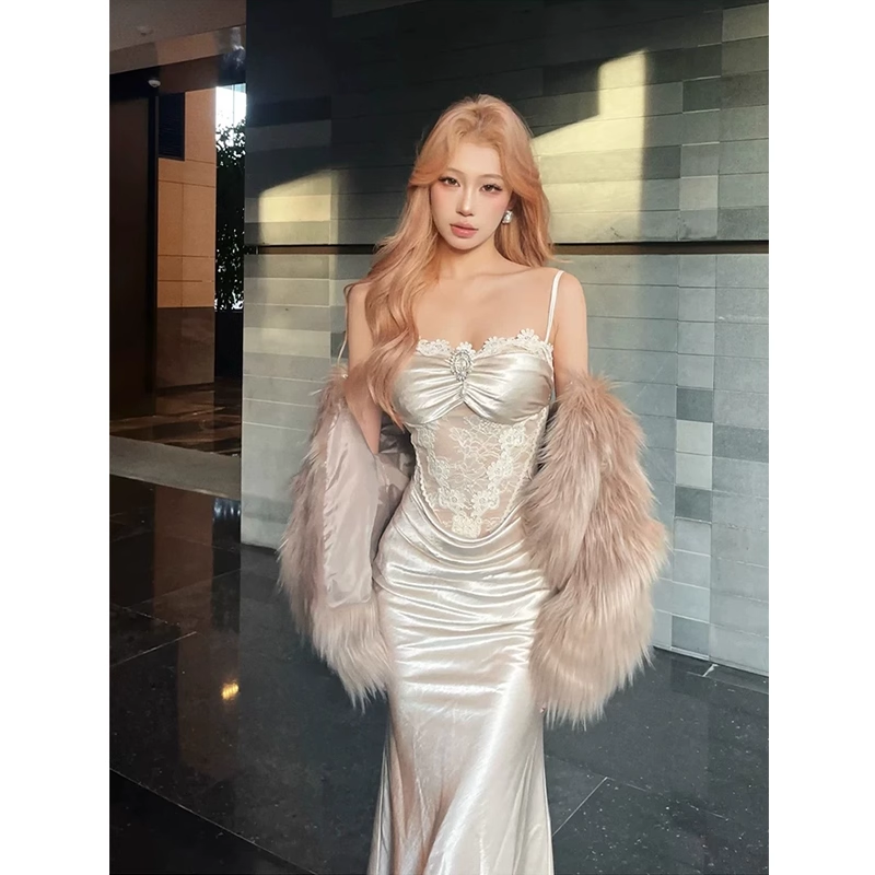 Sexy lace-trimmed mesh slip dress for women  G122