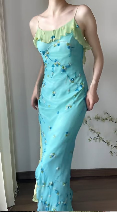 Vintage Prom Party Dress Spaghetti Straps Blue Evening Dress Birthday Outfit cg26360