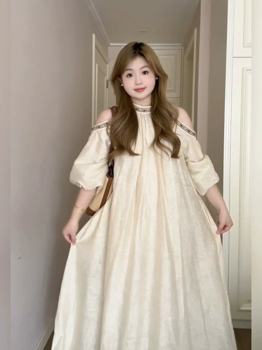 Off-shoulder lace dress for women, summer casual loose long dress  G034