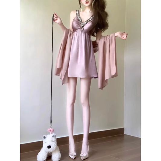 Heavy-duty beaded slip dress for women, high-end A-line mini skirt for summer. G058