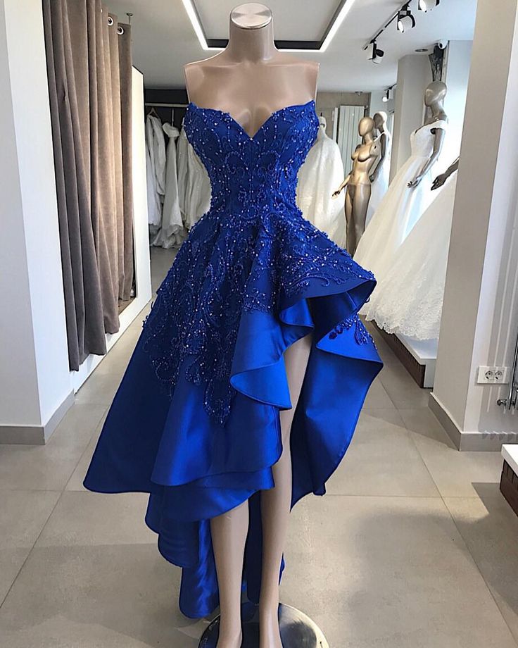 Royal Blue High Low Evening Party Dresses Sweetheart Beaded Lace Applique Ruffles Skirt Summer Occasion Prom Gowns  cg1995