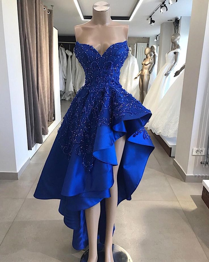 Royal Blue High Low Evening Party Dresses Sweetheart Beaded Lace Applique Ruffles Skirt Summer Occasion Prom Gowns  cg1995