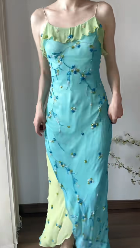 Vintage Prom Party Dress Spaghetti Straps Blue Evening Dress Birthday Outfit cg26360