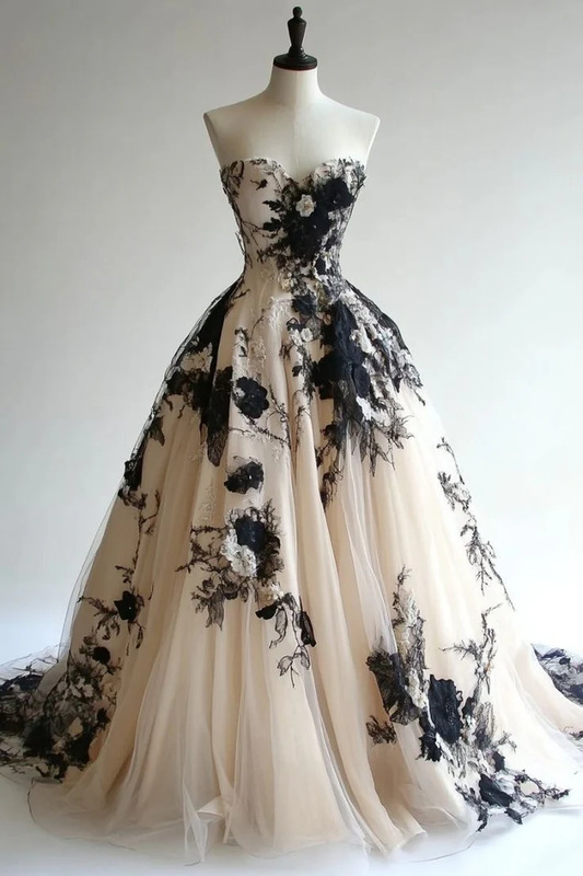 Cute A Line Sweetheart Neck Black Appliques Lace Tulle Long Sweep Prom Dress Evening Dress  cg26218
