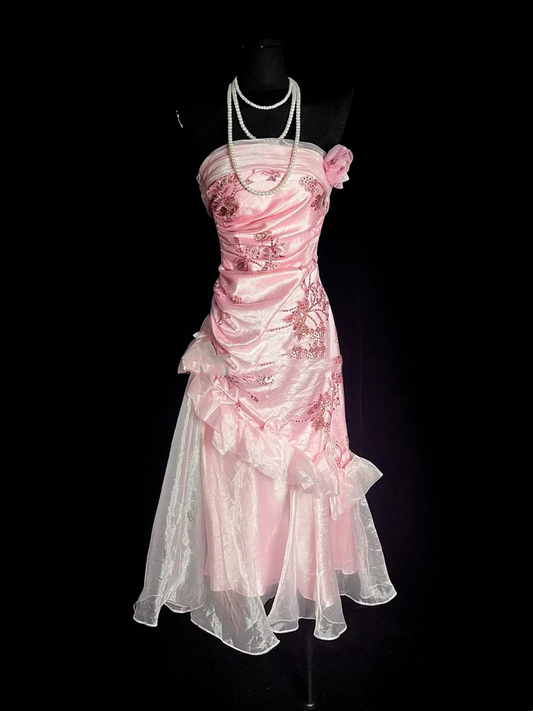 Unique Sheath Strapless Pink Tea Length Formal 7th Grade Homecoming Dresses Middle School Mid Length Prom Dress Hoco Outfits cg26230