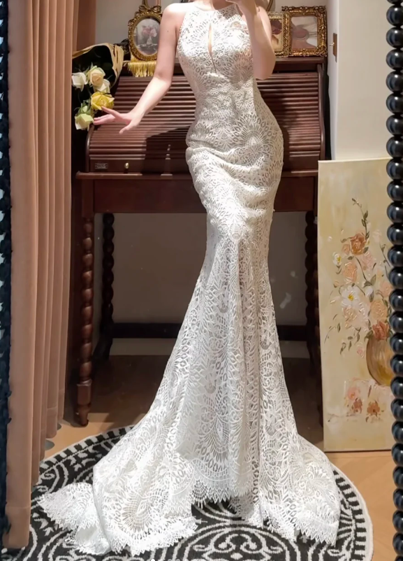 Mermaid Lace Vintage Wedding Dress Elegant Prom Party Dress cg26305