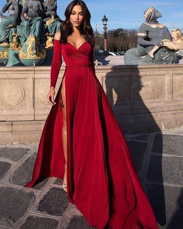 Charming Burgundy Off the Shoulder Long Sleeves Prom Dress With Slit cg1165