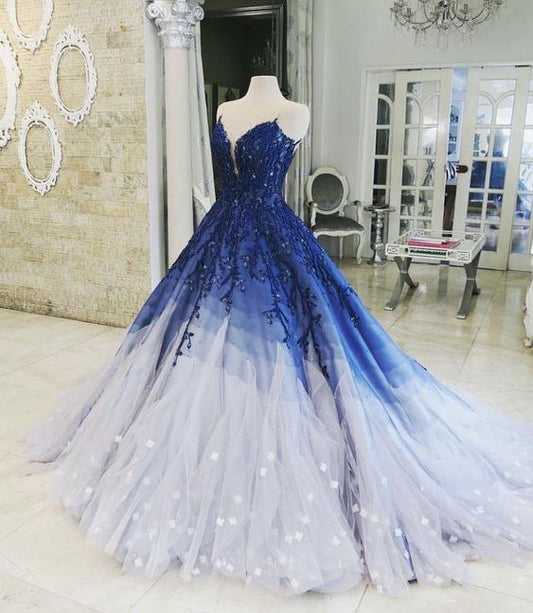 A-line Ombre Prom Dress With Applique Royal Blue Prom Dresses Long Evening Dress  cg1566