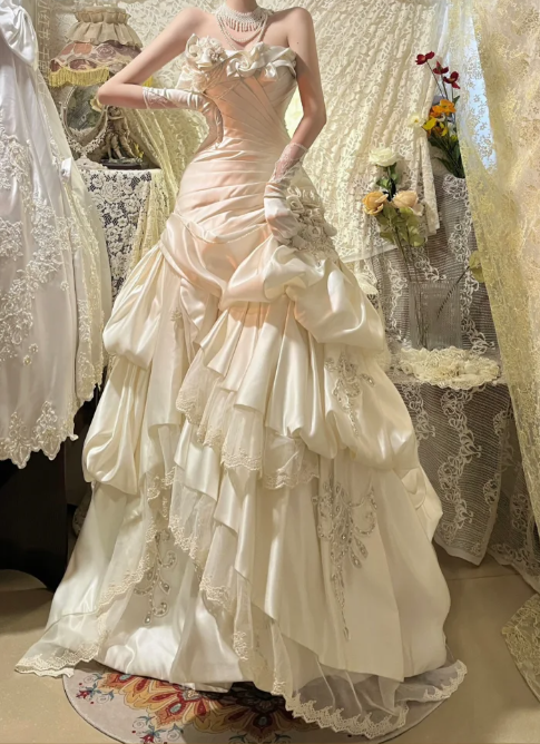 Elegant Vintage Wedding Dress Ivory Satin Prom Dresses cg26303