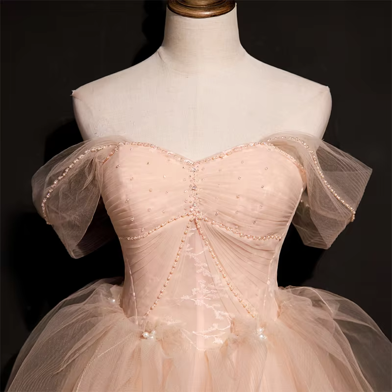 Pink Tulle Princess Beaded And Lace Long Formal prom Dress, Pink Party Dress Evening Dress    cg21801