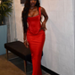 Two Piece Sheath Spaghetti Strap Burgundy Satin Party Dress Evening Dress cg26147