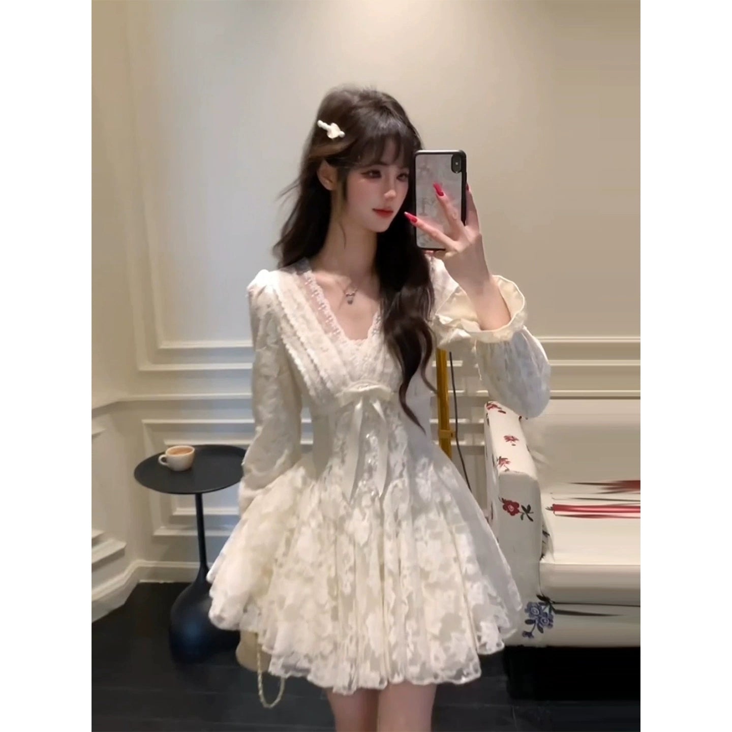 Sweet and elegant lace waist-cinching dress for girls, princess-style puffy short skirt G002